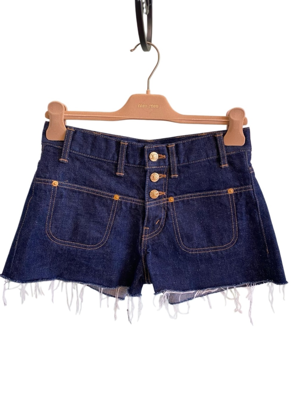 🚩steal Celine Dark Blue Denim Frayed Hem Button-Front Shorts